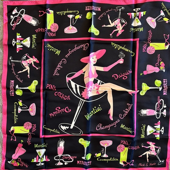 Nick & Nora black silk “cocktail” scarf with pink & green cocktails.  21” square - Picture 2 of 4